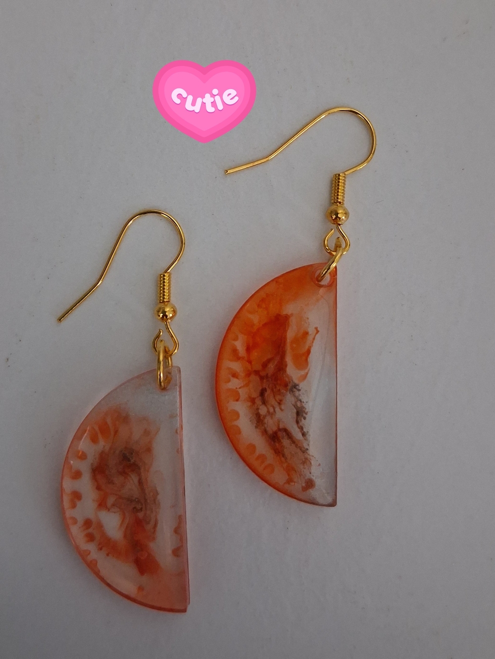 Orange Half-Moon Resin Dangle Earrings with Gold Hooks
